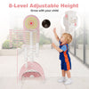 6-in-1 toddler basketball hoop in pink features 8 adjustable heights for indoor and outdoor play, promoting active fun.