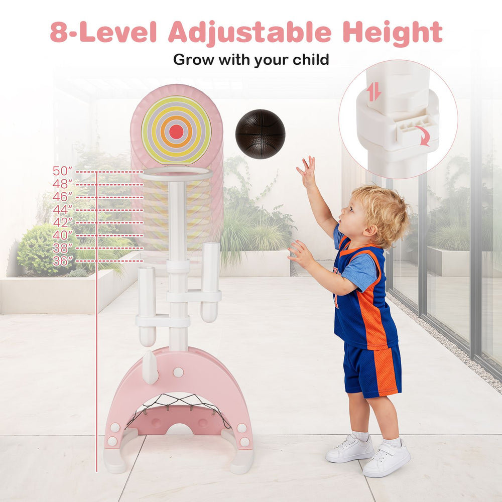 6-in-1 toddler basketball hoop in pink features 8 adjustable heights for indoor and outdoor play, promoting active fun.
