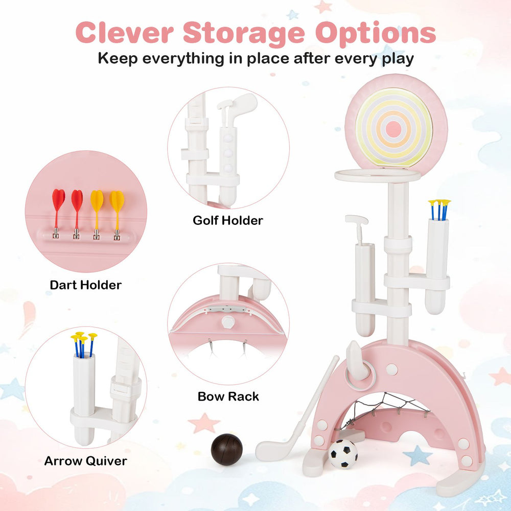 6-in-1 toddler basketball hoop in pink features adjustable height and clever storage options for various sports activities.