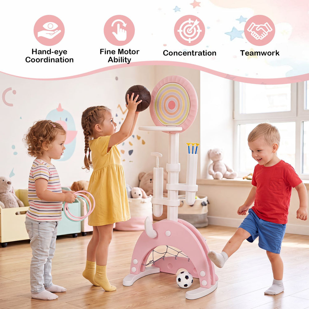 6-in-1 pink toddler basketball hoop features adjustable height and multiple sports options for indoor and outdoor play.