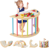 Multicolor 6 in 1 kids climbing arch playset with removable cushion, serving as a climber, rocker, and sensory table.