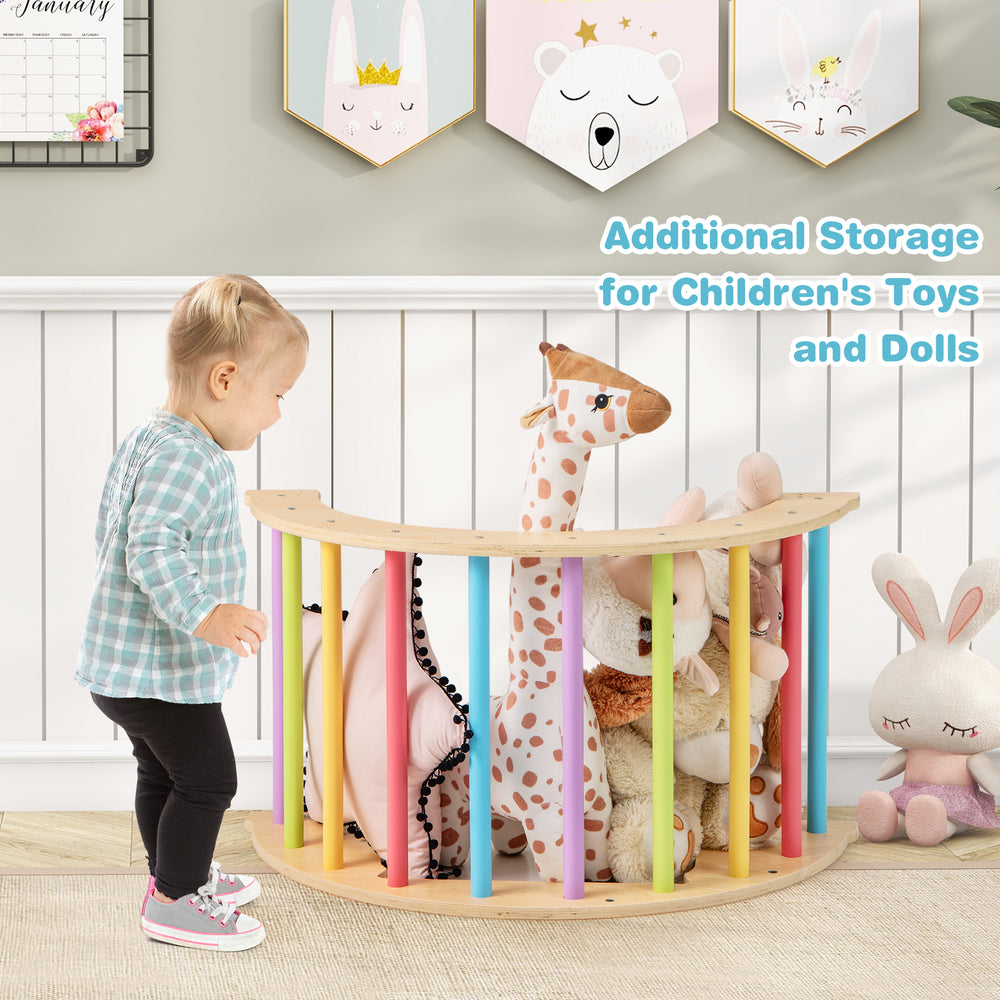 Kids climbing arch playset with removable cushion, serving as a storage corner for toys and dolls in a colorful design.