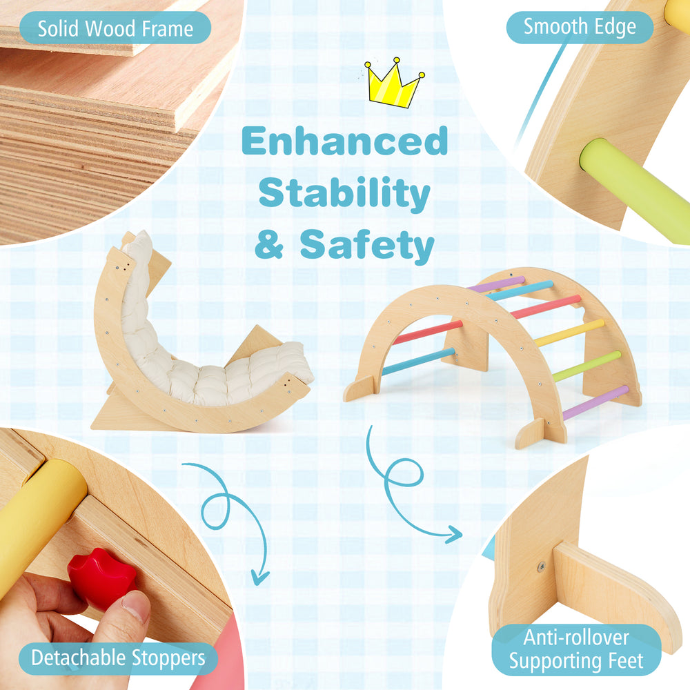 Kids climbing arch playset with solid wood frame, removable cushion, and stoppers for safe, versatile play.