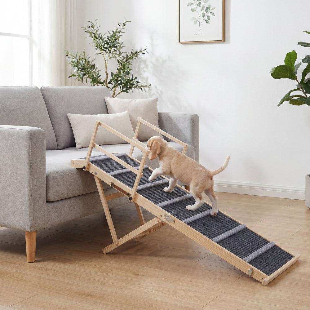 Height adjustable foldable dog ramp made of wood, designed for easy access to high beds and couches.