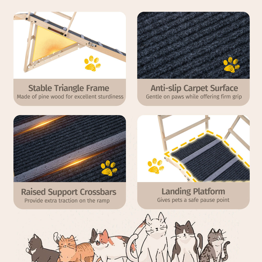 Foldable dog ramp with stable triangle frame, anti-slip carpet surface, and raised support crossbars for safe access.