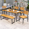 Outdoor acacia wood dining set with bench, featuring a rectangular table and ergonomic chairs, ideal for patio.