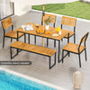 Outdoor acacia wood dining set with bench, featuring a rectangular tabletop and 2-inch umbrella hole, perfect for patio.