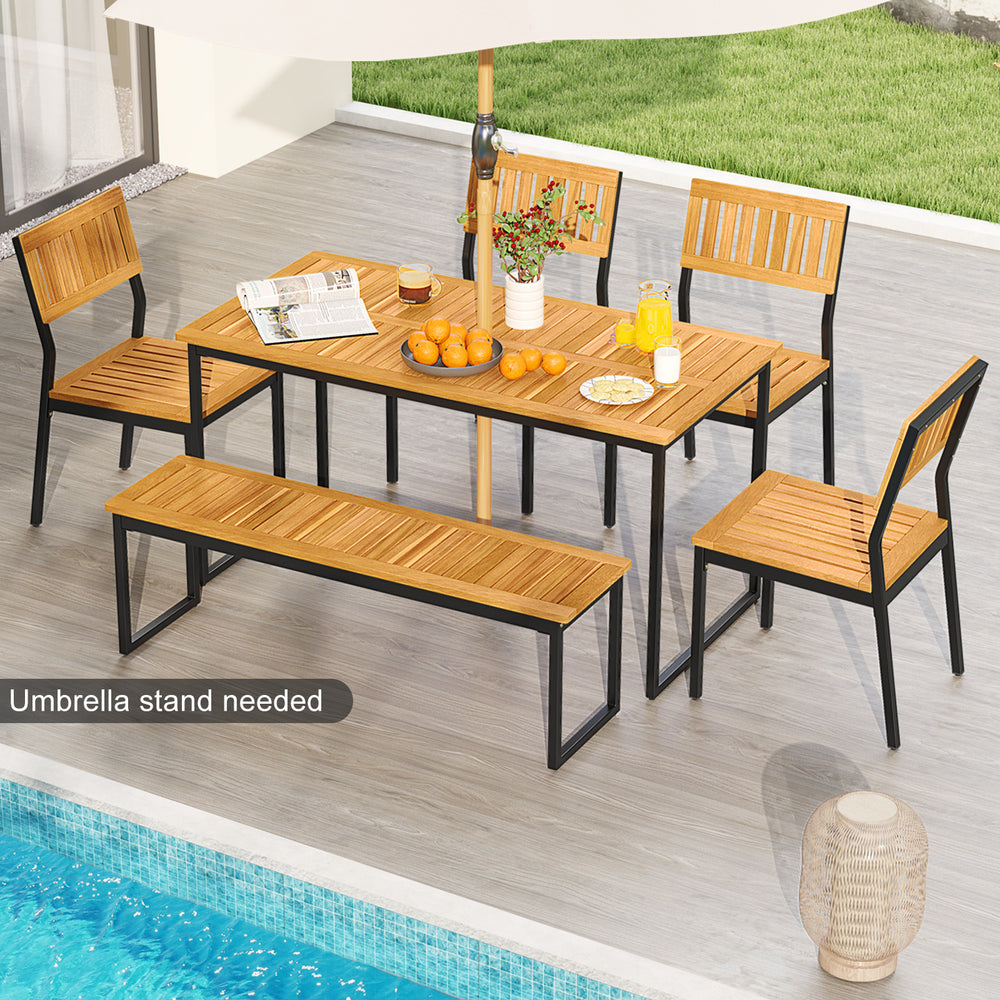 Outdoor acacia wood dining set with bench, featuring a rectangular tabletop and 2-inch umbrella hole, perfect for patio.