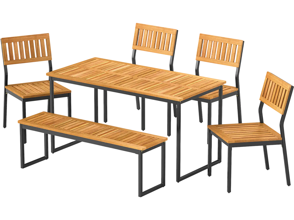 6 Pieces Outdoor Acacia Wood Dining Set with Bench and 2 Inches Umbrella Hole