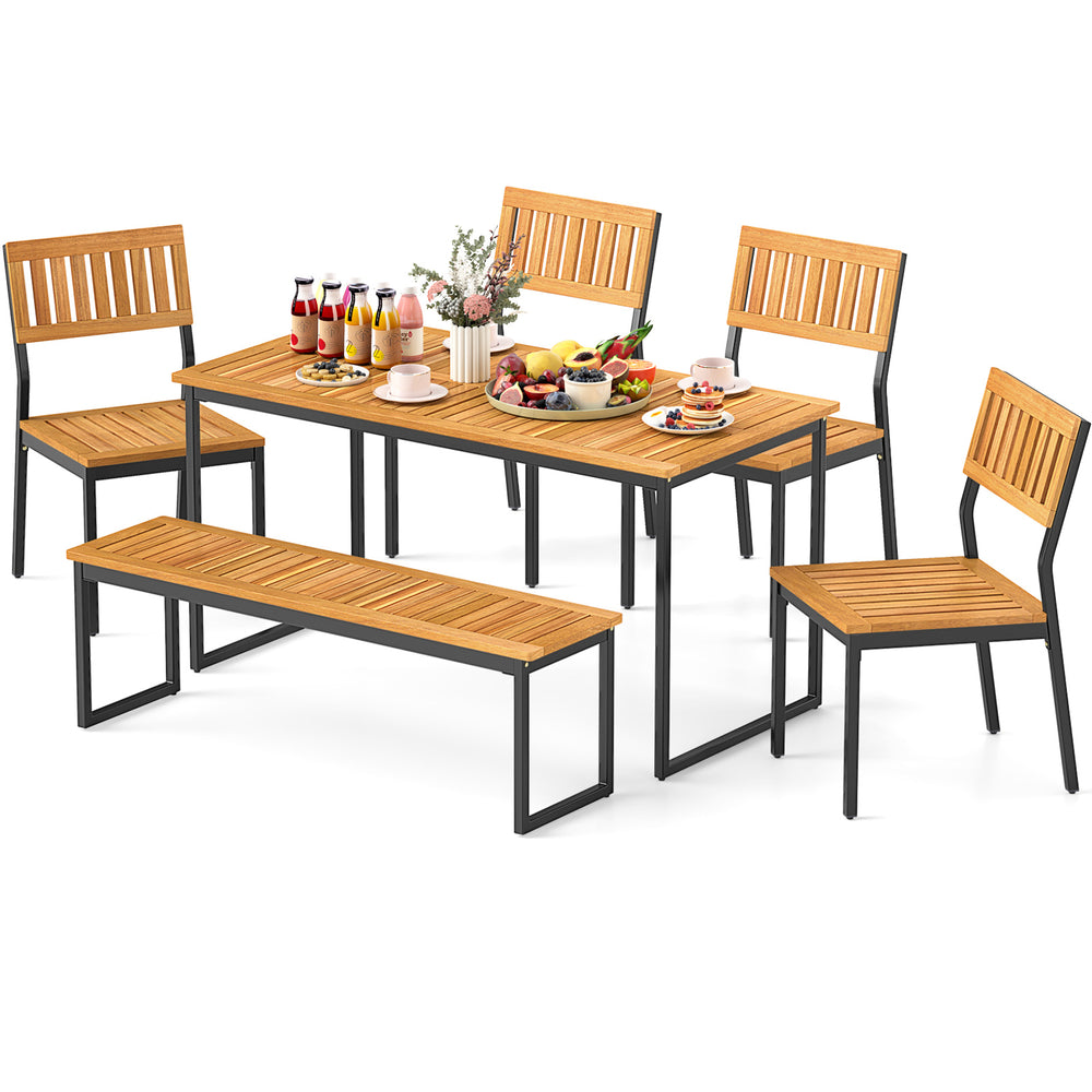 Outdoor acacia wood dining set featuring a rectangular table, bench, and four ergonomic chairs, perfect for patio.
