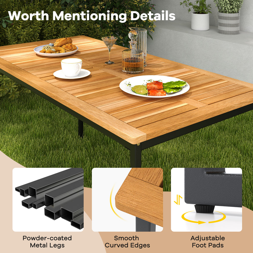 Rectangular acacia wood dining table with powder-coated metal legs, featuring smooth edges and adjustable foot pads for.