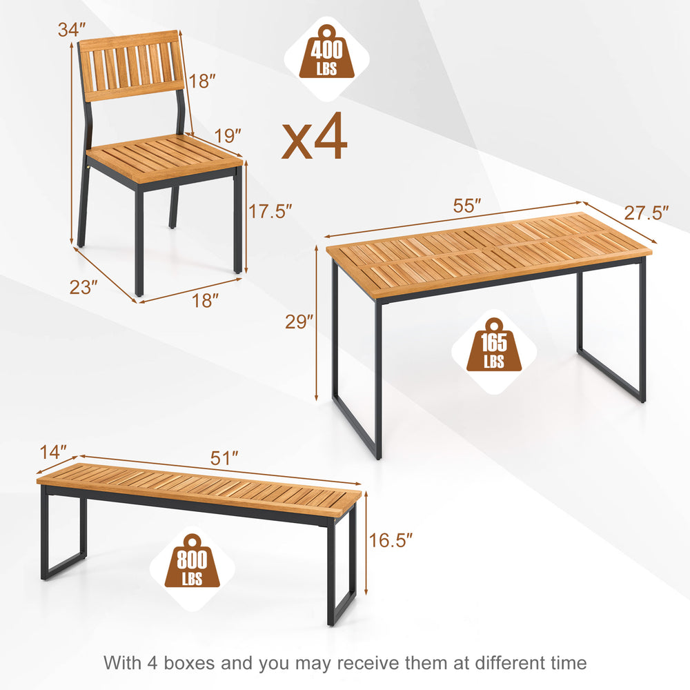 Acacia wood dining set with four ergonomic chairs and a sturdy bench, featuring a 2-inch umbrella hole for outdoor use.