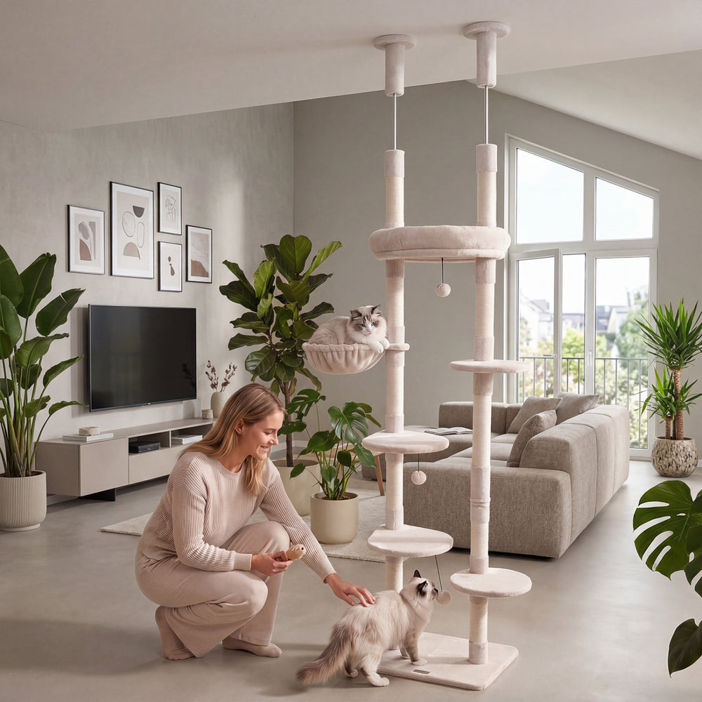6-tier Floor to Ceiling Cat Tree with Plush Bed and Sisal Scratching Posts-Beige - Gallery View 1 of 9