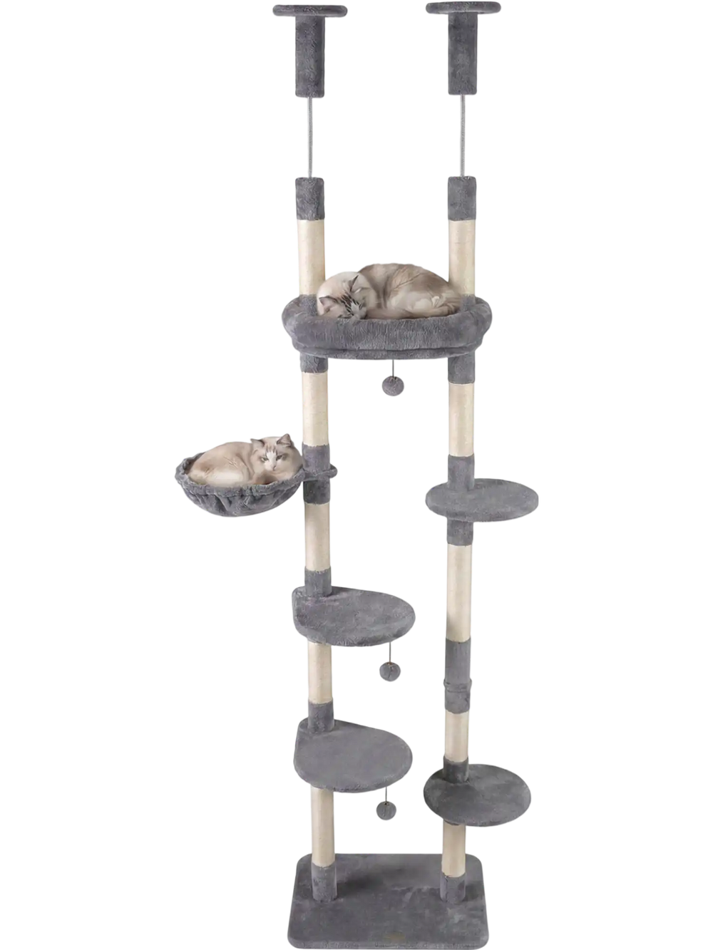 6-tier gray cat tree with plush beds, sisal scratching posts, and adjustable height for playful cats.