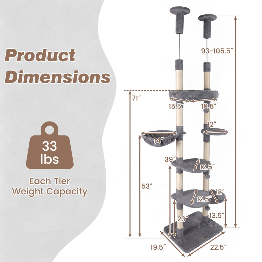 6-tier floor-to-ceiling cat tree in gray with plush bed, adjustable height, and sisal scratching posts for playful cats.