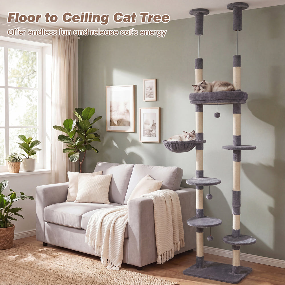 6-tier floor to ceiling cat tree in gray with plush bed, sisal scratching posts, and adjustable height for playful cats.