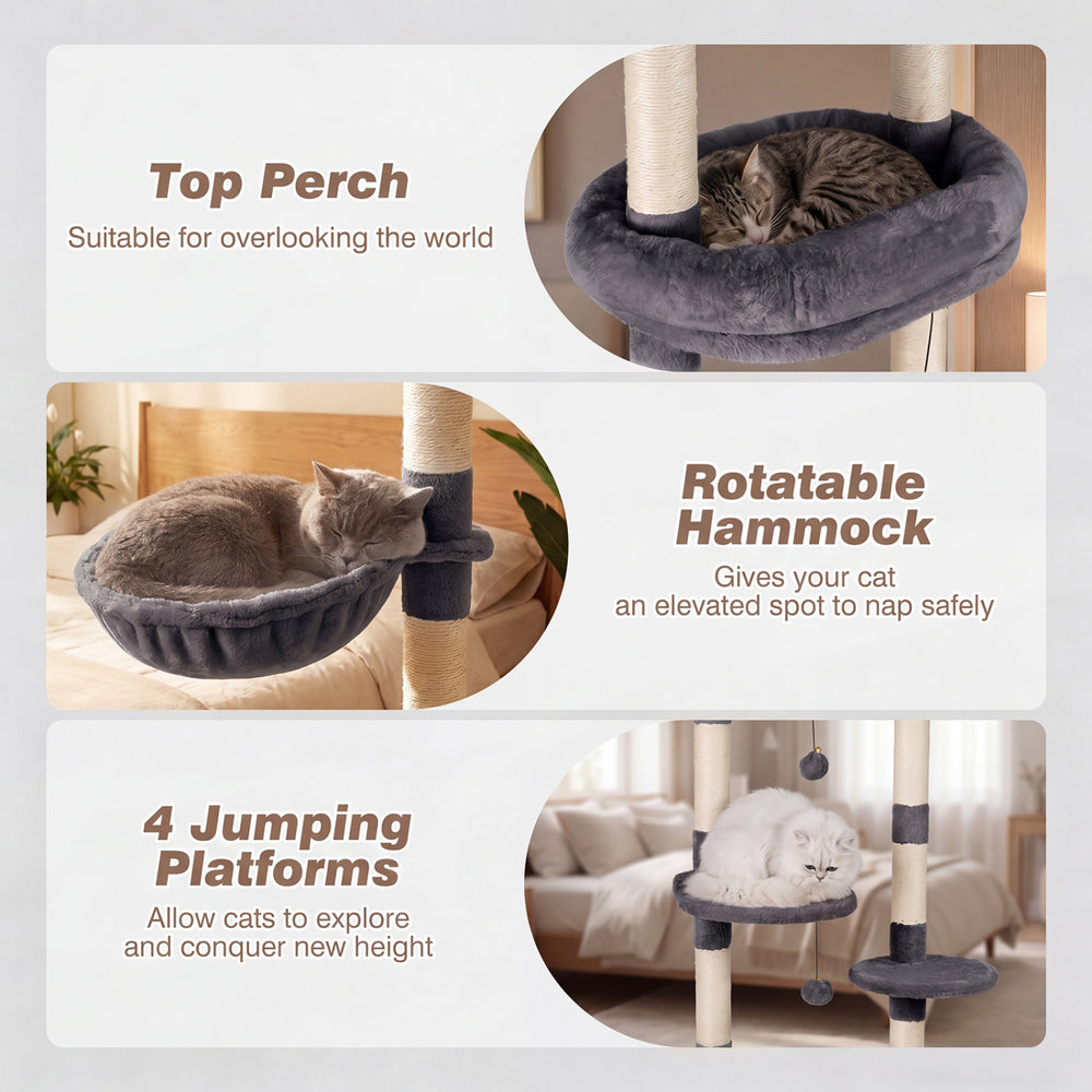 Top perch and rotatable hammock of a 6-tier cat tree in gray, perfect for napping and exploring heights.