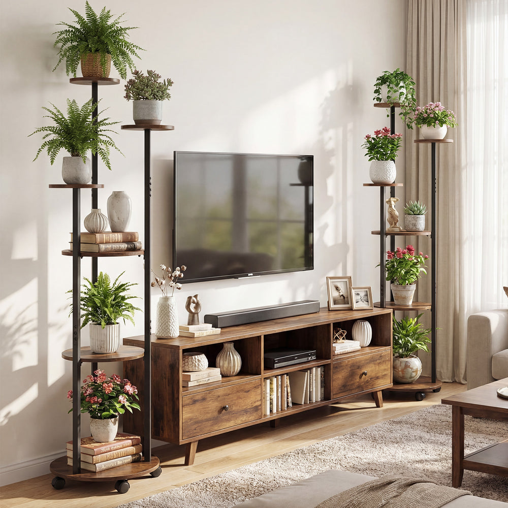 6-tier rustic brown plant stand with RGB light, wheels, and space for 6 potted plants, ideal for indoor display.