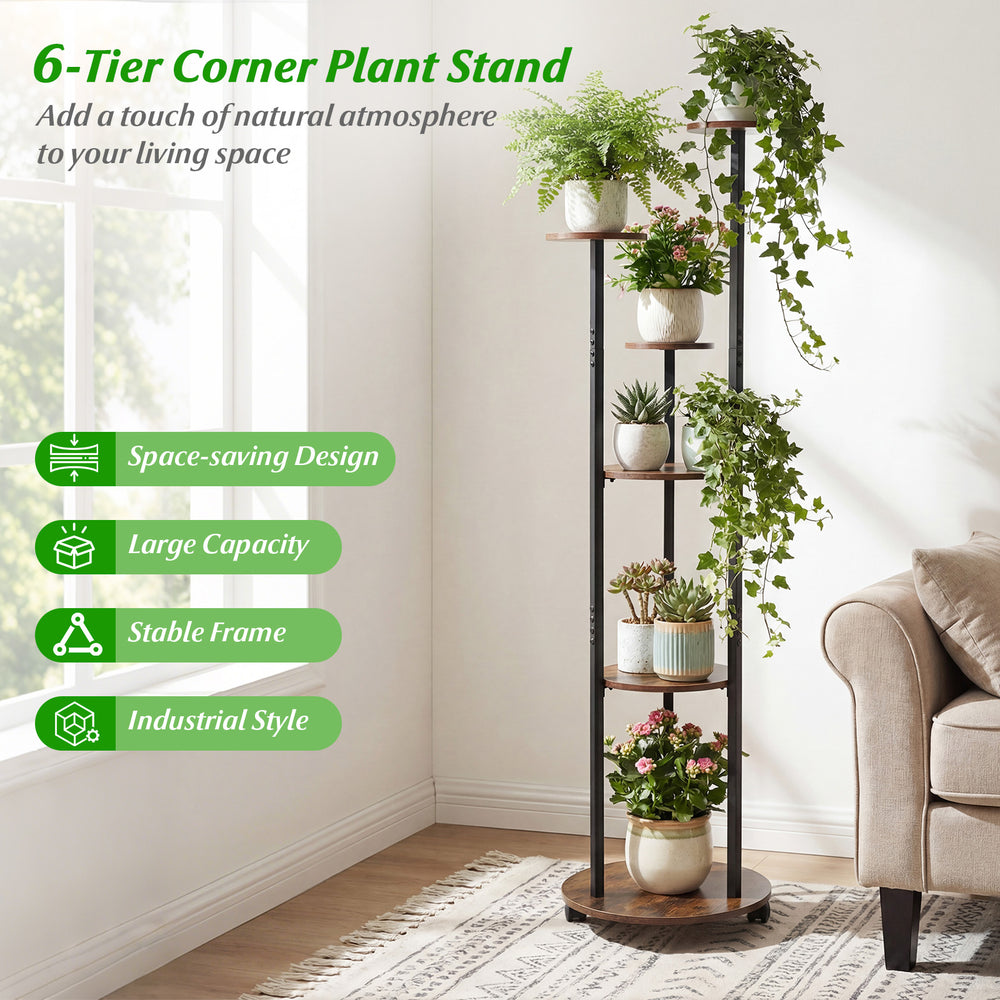 6-tier plant stand in rustic brown with wheels, featuring RGB light for indoor display and space-saving design for.