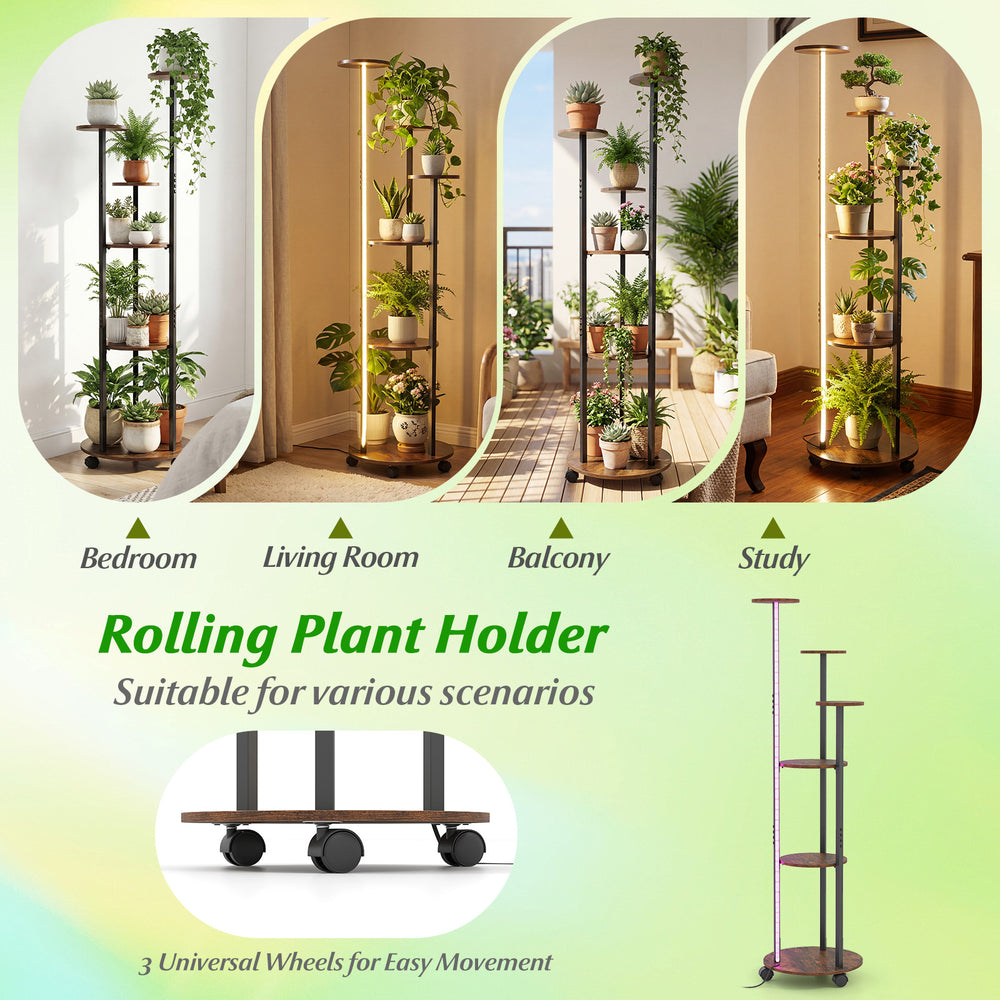 6-tier plant stand with RGB light and wheels in rustic brown, perfect for indoor display and easy relocation.
