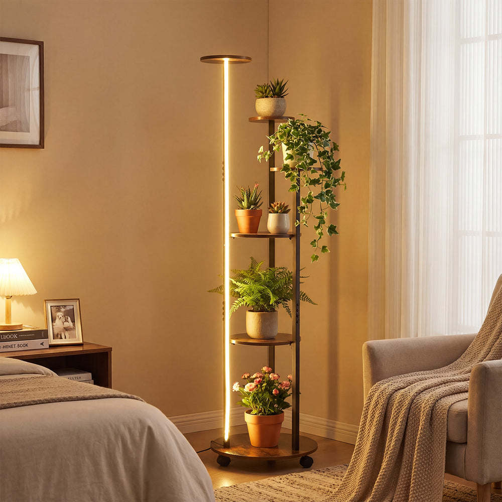 6-tier plant stand with RGB light and wheels in rustic brown, perfect for displaying potted plants indoors.