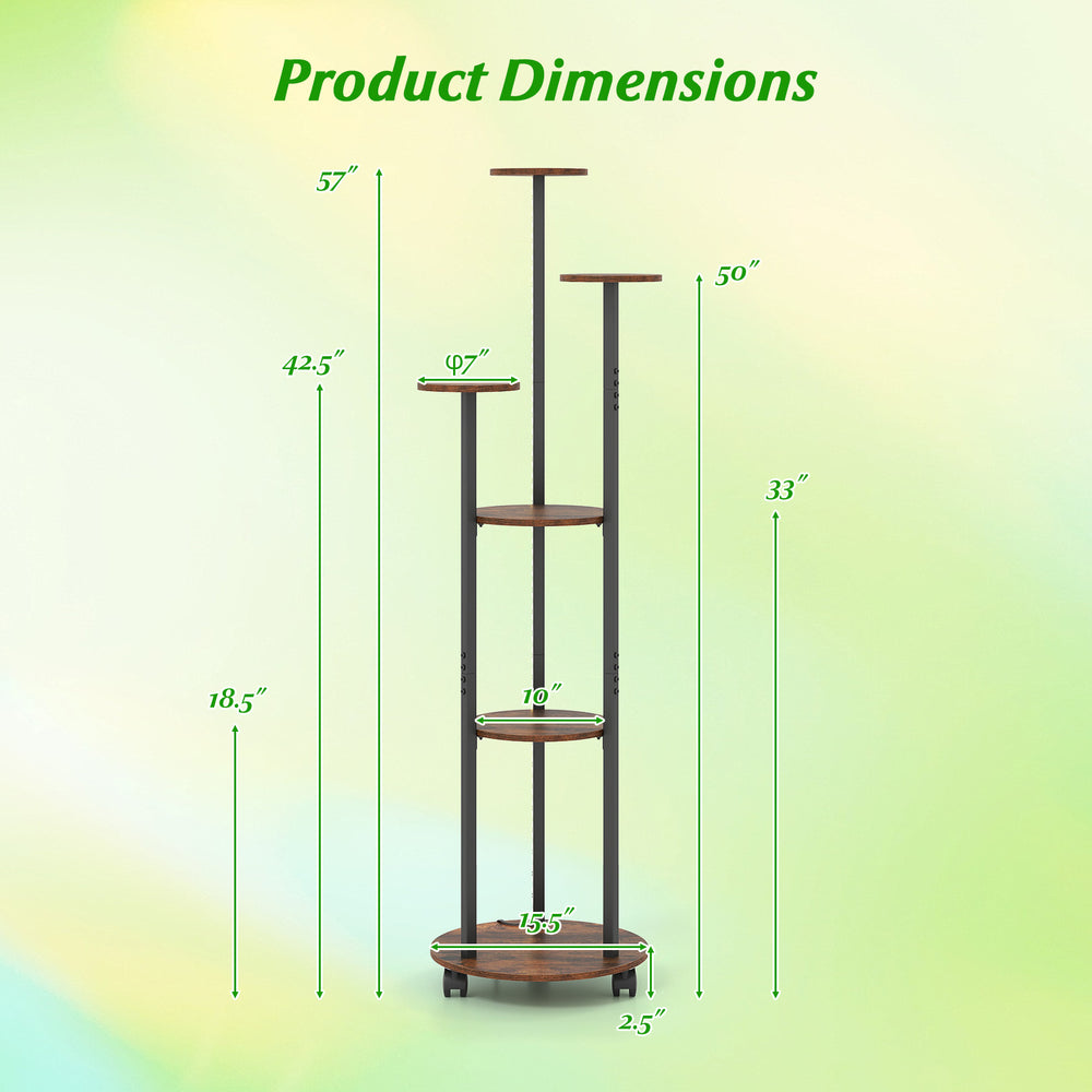 6-tier plant stand with RGB light, featuring a rustic brown finish and dimensions for indoor display and organization.