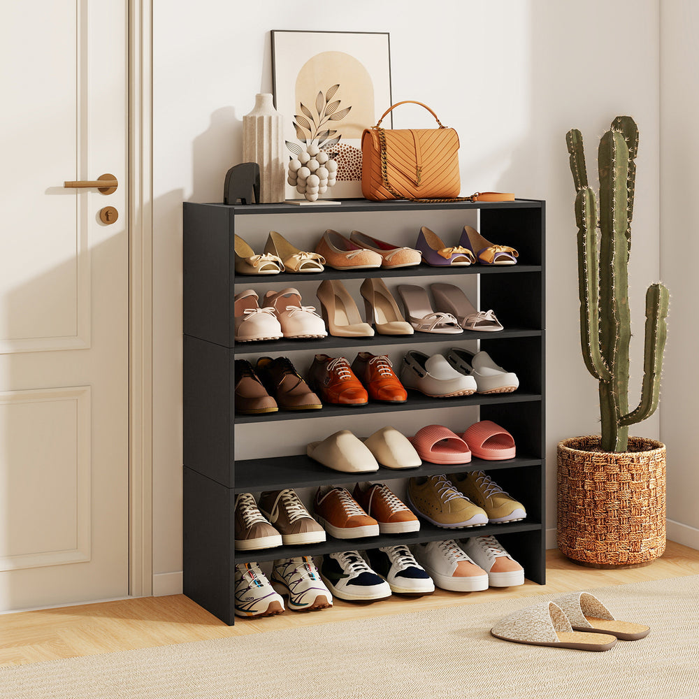 6-tier black shoe rack with spacious shelves and anti-tipping device, ideal for entryway or bedroom storage.
