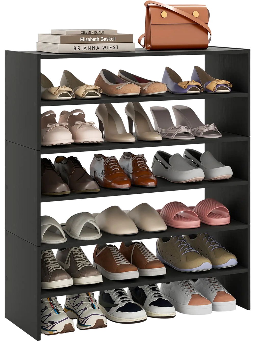 6-tier black shoe rack with spacious shelves and anti-tipping device, ideal for entryways and versatile storage.