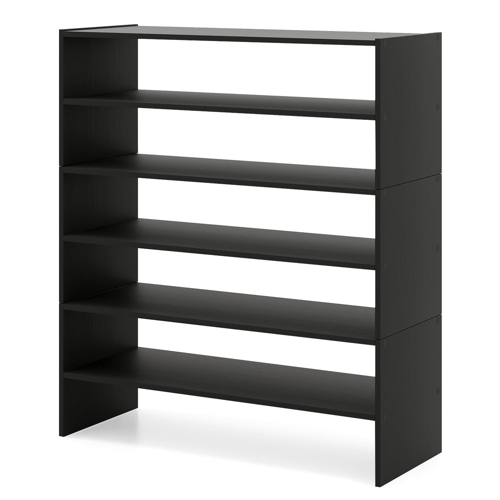 6-tier black shoe rack with spacious shelves and anti-tipping device, perfect for entryway storage and organization.