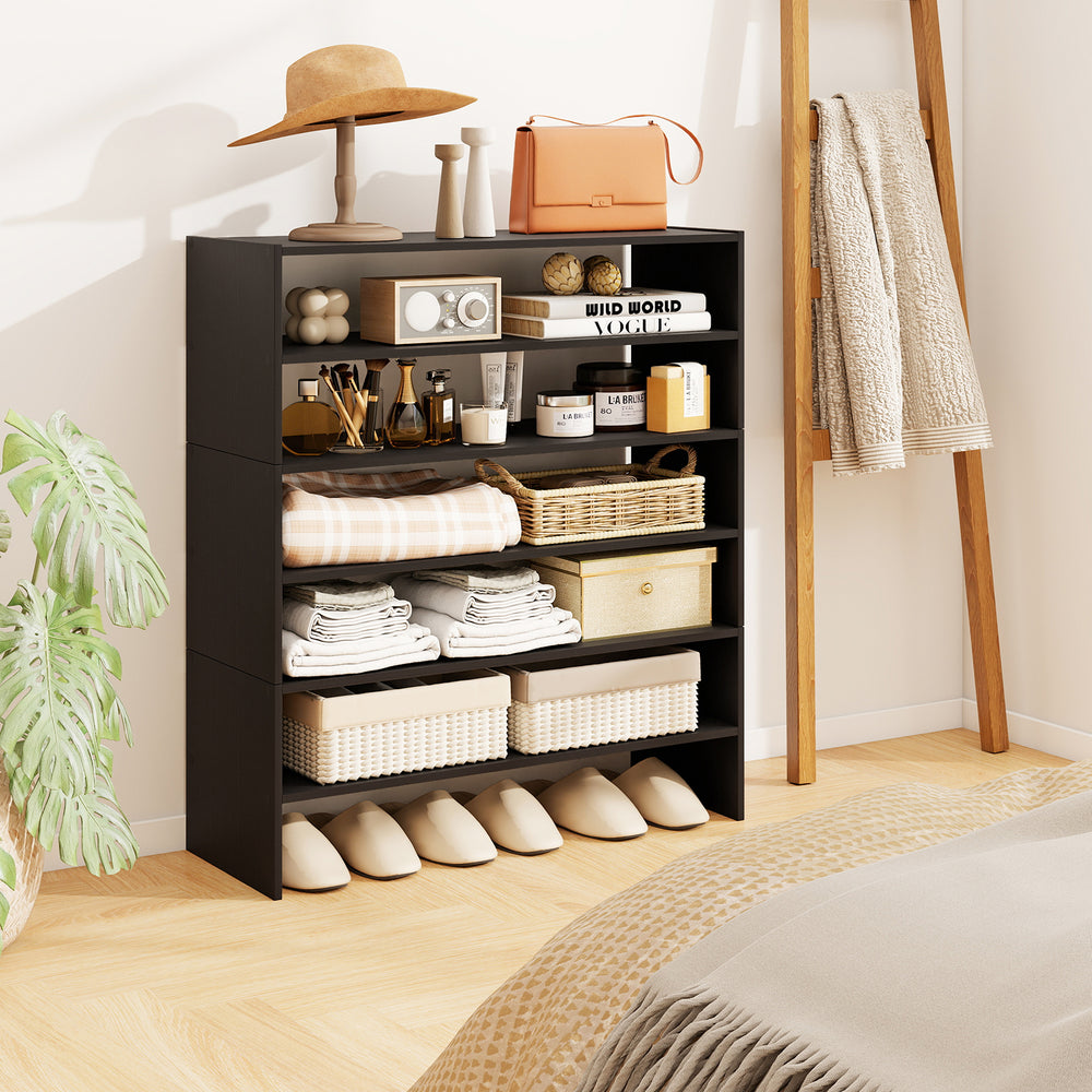 6-tier black shoe rack showcasing a modern design with customizable shelves, ideal for stylish entryway storage.