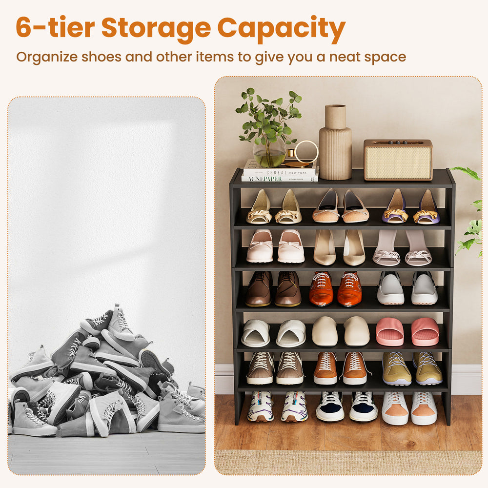 6-tier black shoe rack with spacious shelves and anti-tipping device, perfect for entryway organization.