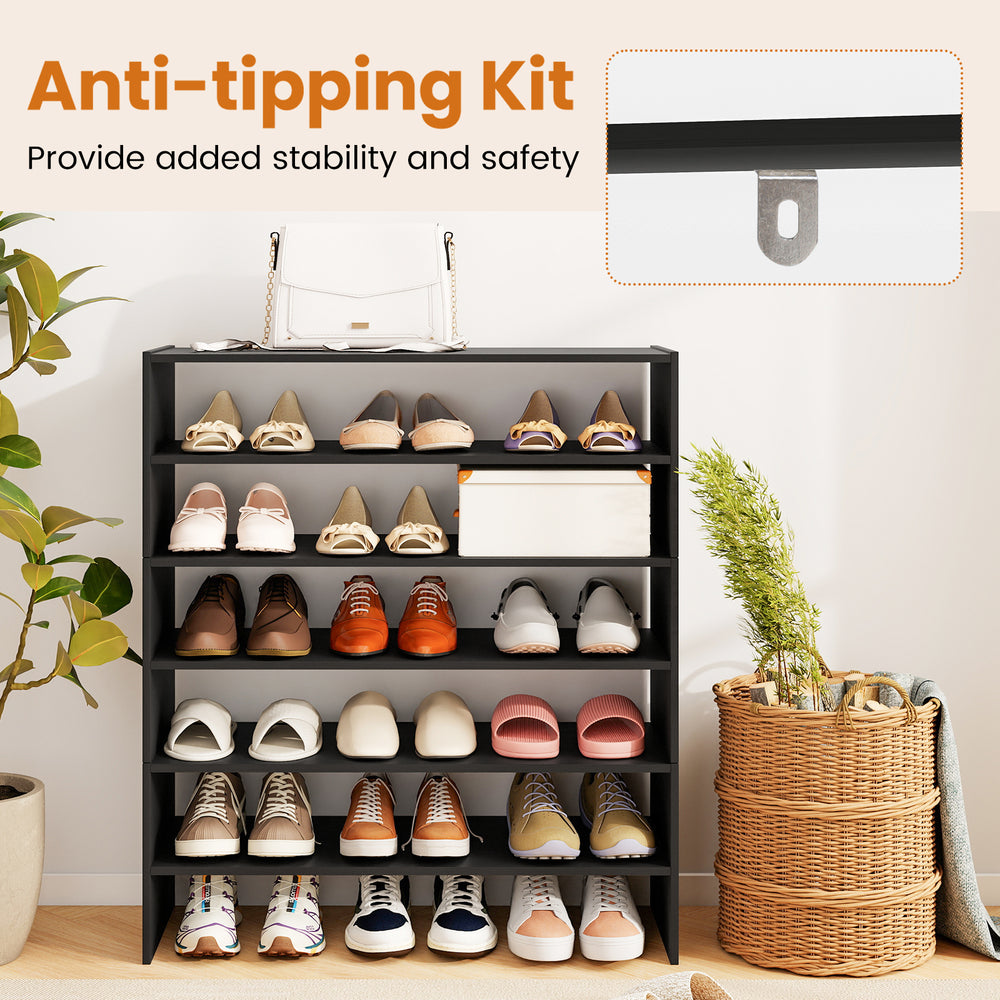 6-tier black shoe rack with anti-tipping device, featuring spacious shelves for entryway or closet storage.