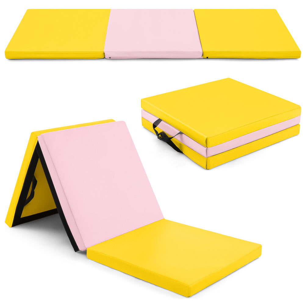 Tri-fold gym mat in yellow and pink, featuring a removable zippered cover, ideal for yoga and martial arts.