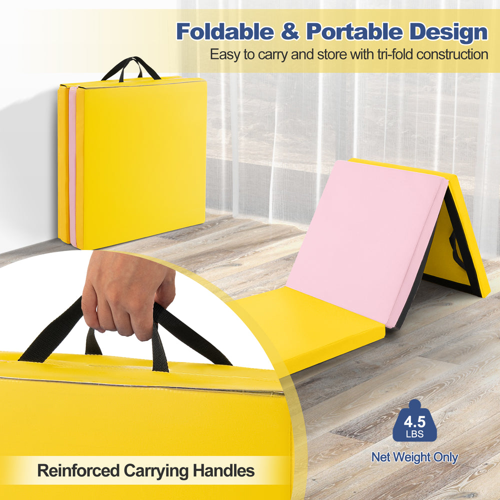 Tri-fold gym mat in yellow with reinforced carrying handles, ideal for yoga and martial arts, featuring a removable.