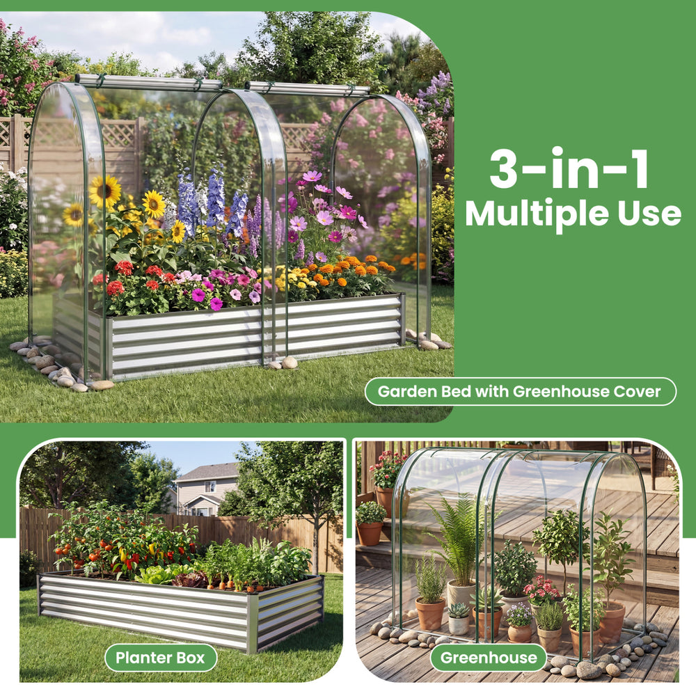 Galvanized raised garden bed with greenhouse cover, showcasing a variety of vibrant plants, perfect for seasonal.