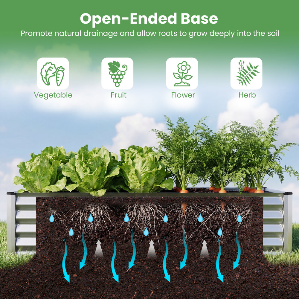Galvanized raised garden bed with open-ended base, ideal for vegetables, fruits, and herbs, promoting strong root.