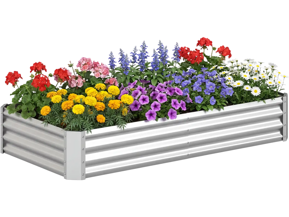 Galvanized raised garden bed with vibrant flowers, 6 x 3 x 1 FT, ideal for vegetables and herbs, featuring open-ended.