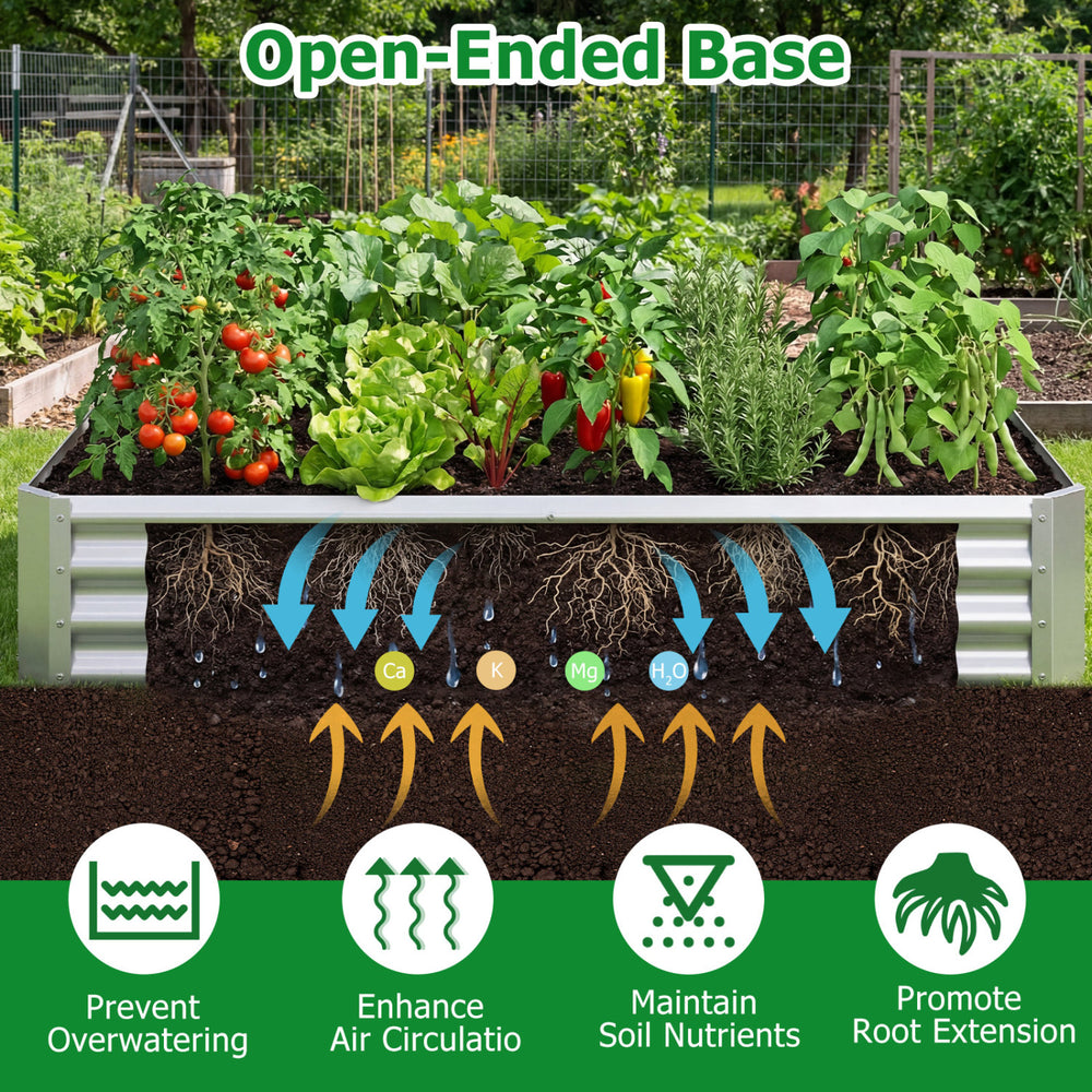 Galvanized raised garden bed with open-ended base, ideal for growing vegetables and herbs, promoting healthy root.