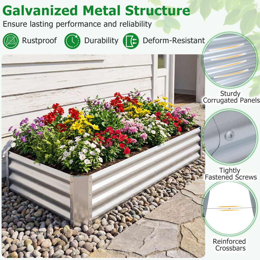 Galvanized raised garden bed with open-ended base, 6 x 3 x 1 FT, ideal for planting vegetables and flowers.