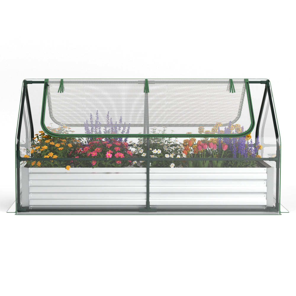 Galvanized raised garden bed with mini greenhouse, featuring dual windows for ventilation and ample root space.