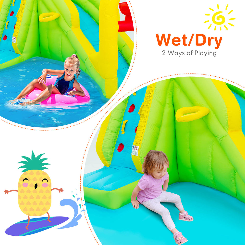 Outdoor inflatable water bounce house featuring vibrant colors, mesh walls for safety, and wet/dry play options.