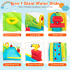 Outdoor inflatable water bounce house featuring a long slide, climbing wall, and water cannons for garden fun.