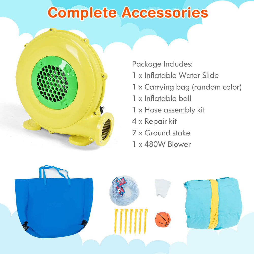 Outdoor inflatable water bounce house with 480W blower, carrying bag, and multiple accessories for garden fun.