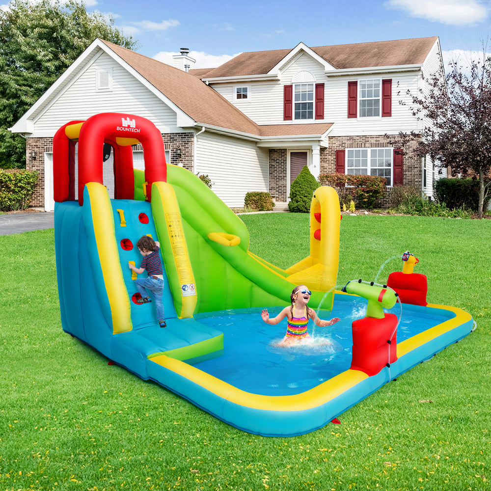 Colorful inflatable water bounce slide with spray features, perfect for garden fun and children's outdoor play.