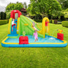 Inflatable Splash Jump Slide Water Bounce with vibrant colors, mesh walls, and water spraying function for outdoor fun.