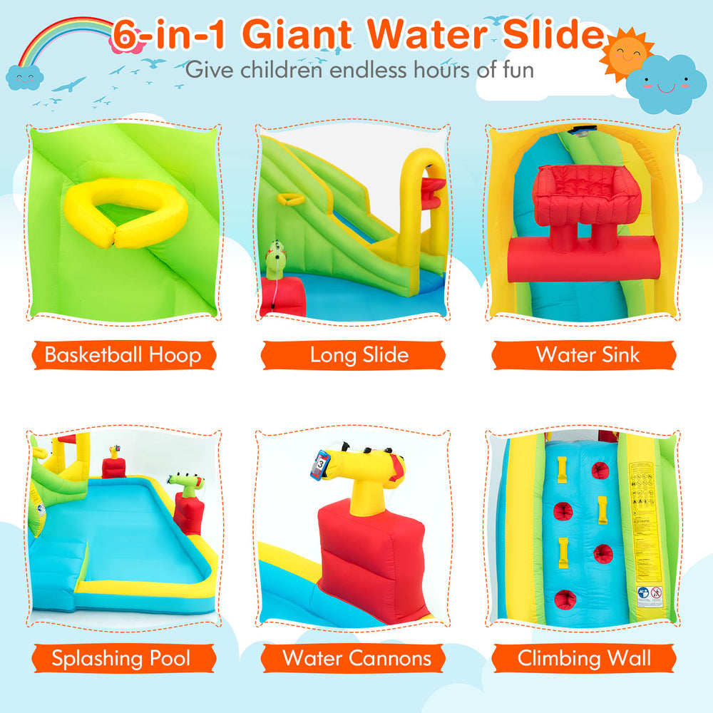 Giant inflatable water slide featuring a long slide, climbing wall, and water cannons for outdoor fun in gardens or.