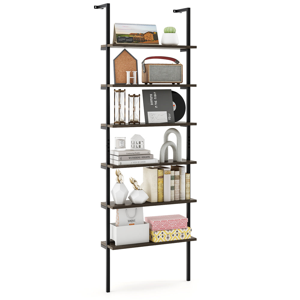 6-tier ladder shelf in oak finish, wall-mounted for storage of crafts, plants, and decor, supports up to 265 lbs.