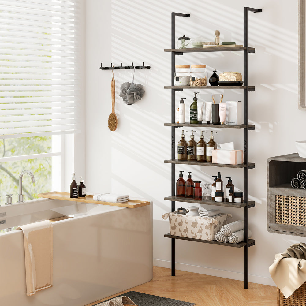 6-tier ladder shelf with oak finish, showcasing ample storage for plants and decor, ideal for home organization.