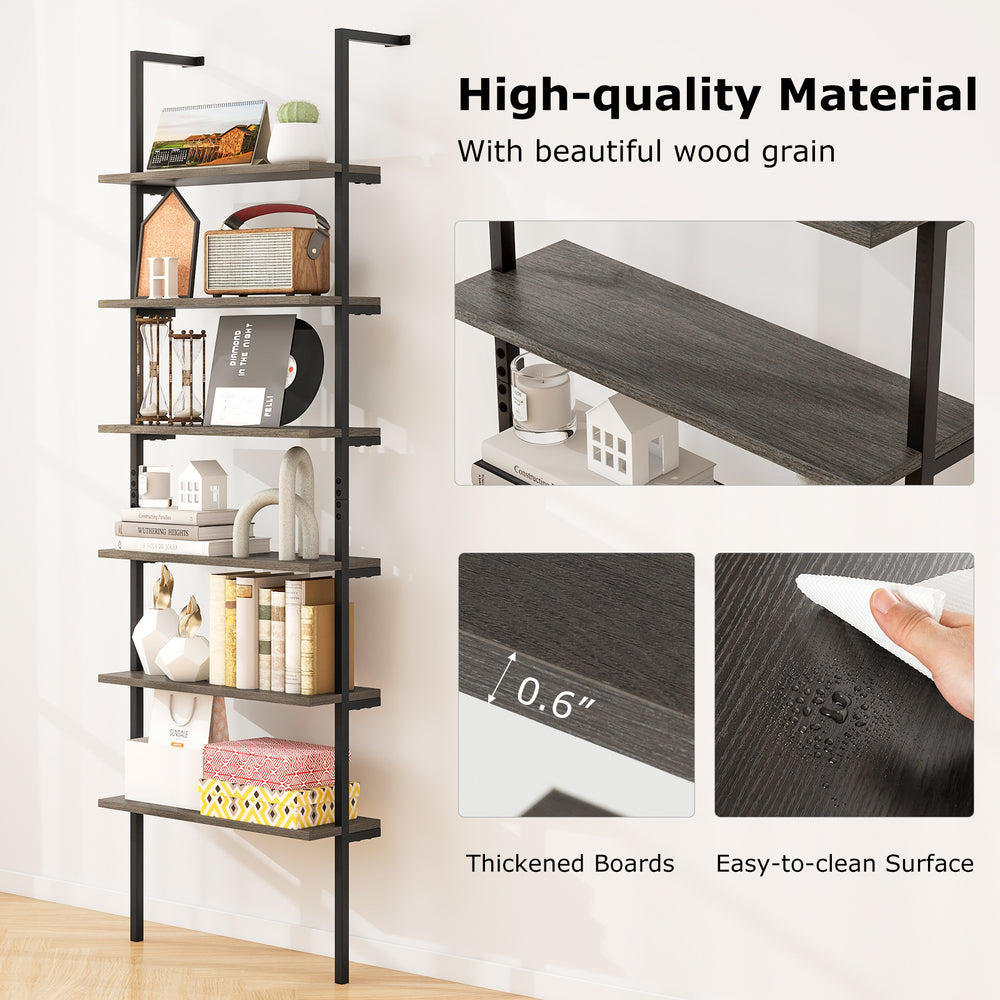 6-tier ladder shelf in oak with thickened boards, easy-to-clean surface, ideal for displaying plants and photos.