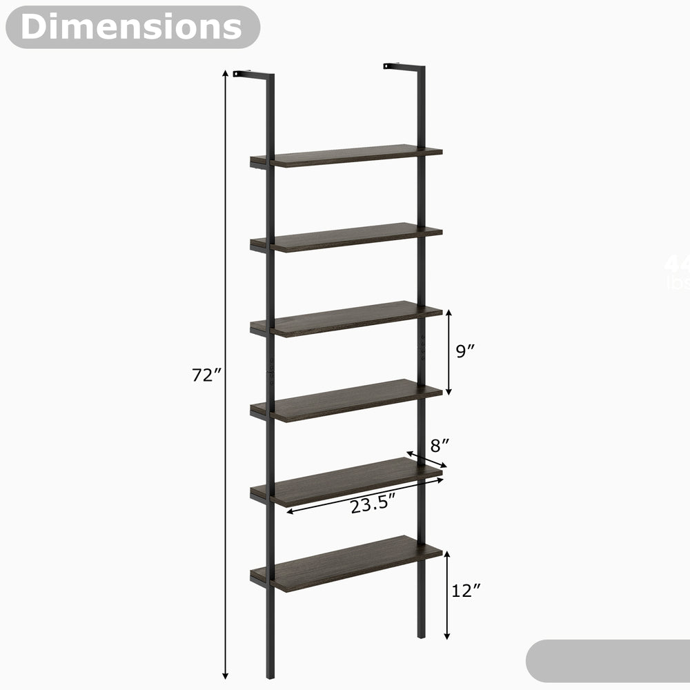 6-tier ladder shelf with oak finish, 72 inches tall, featuring sturdy construction for books and decor storage.